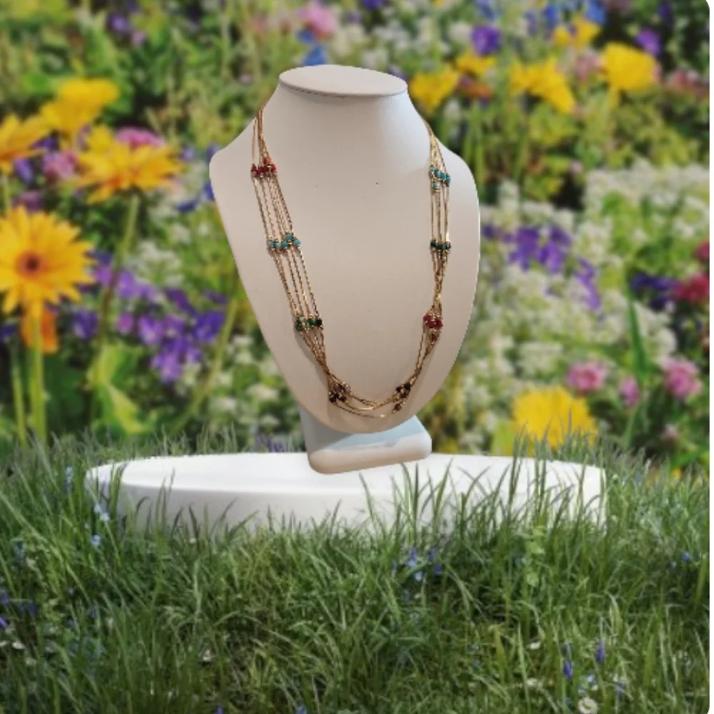 Vintage '80s Multicolor Serpentine Multi-Strand Beaded Necklace Gold-Tone. - Picture 2 of 5